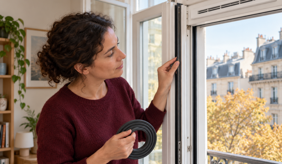 Une femme examine le joint d’une fenêtre ouverte, avec une entrée d’air dégagée au-dessus.