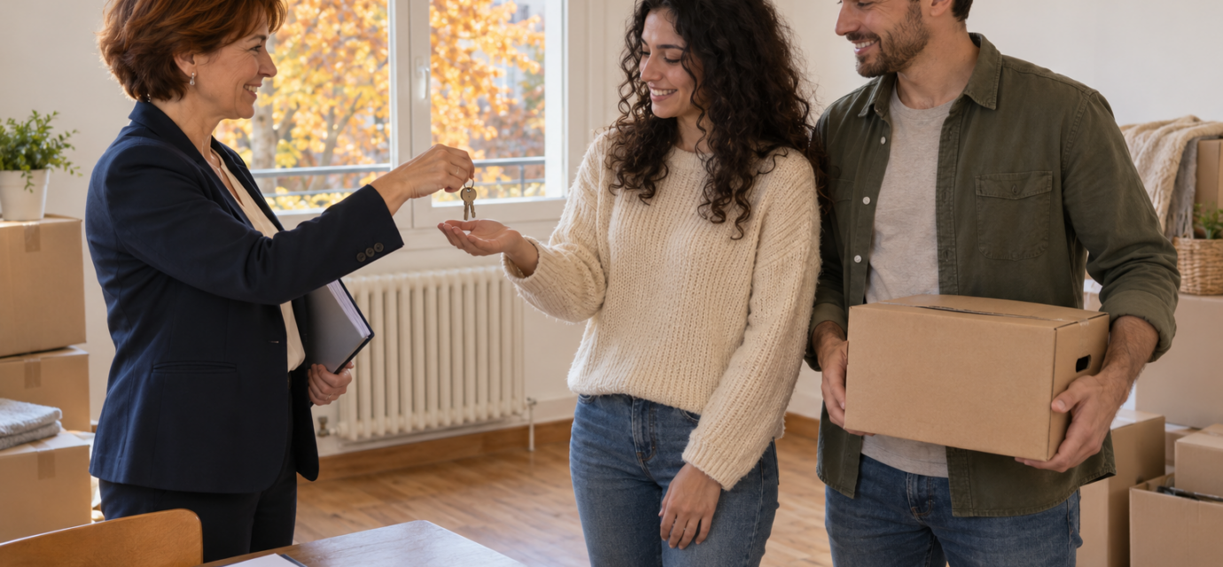 Une professionnelle remet les clés d’un appartement à un couple, avec des cartons de déménagement à proximité.