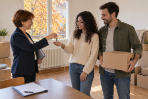 Une professionnelle remet les clés d’un appartement à un couple, avec des cartons de déménagement à proximité.