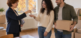 Une professionnelle remet les clés d’un appartement à un couple, avec des cartons de déménagement à proximité.