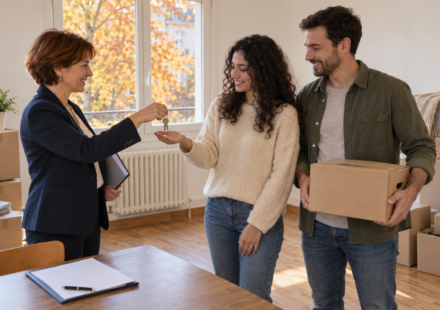 Une professionnelle remet les clés d’un appartement à un couple, avec des cartons de déménagement à proximité.