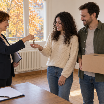 Changer de location avant l’hiver, comment coordonner préavis et remise des clés ? Une professionnelle remet les clés d’un appartement à un couple, avec des cartons de déménagement à proximité.