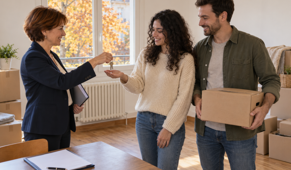 Une professionnelle remet les clés d’un appartement à un couple, avec des cartons de déménagement à proximité.