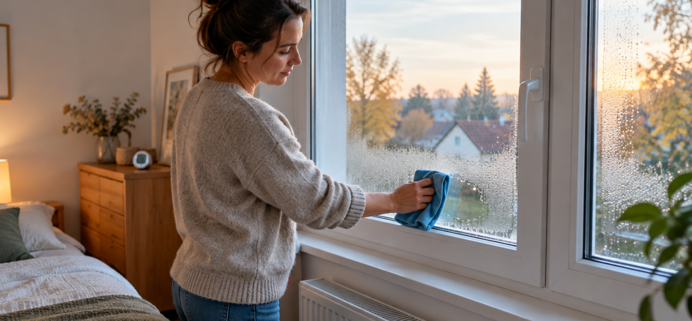 Une femme essuie des gouttelettes sur la face intérieure d’une fenêtre dans une chambre.