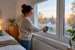 Une femme essuie des gouttelettes sur la face intérieure d’une fenêtre dans une chambre.