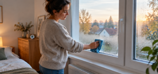 Une femme essuie des gouttelettes sur la face intérieure d’une fenêtre dans une chambre.