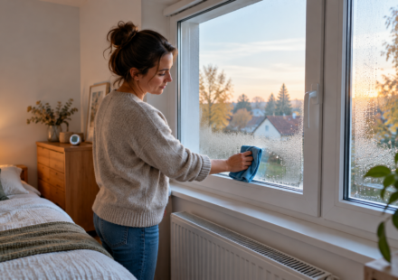 Une femme essuie des gouttelettes sur la face intérieure d’une fenêtre dans une chambre.