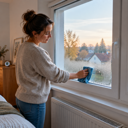 Condensation sur les vitres : faut-il chauffer davantage ou mieux ventiler ? Une femme essuie des gouttelettes sur la face intérieure d’une fenêtre dans une chambre.