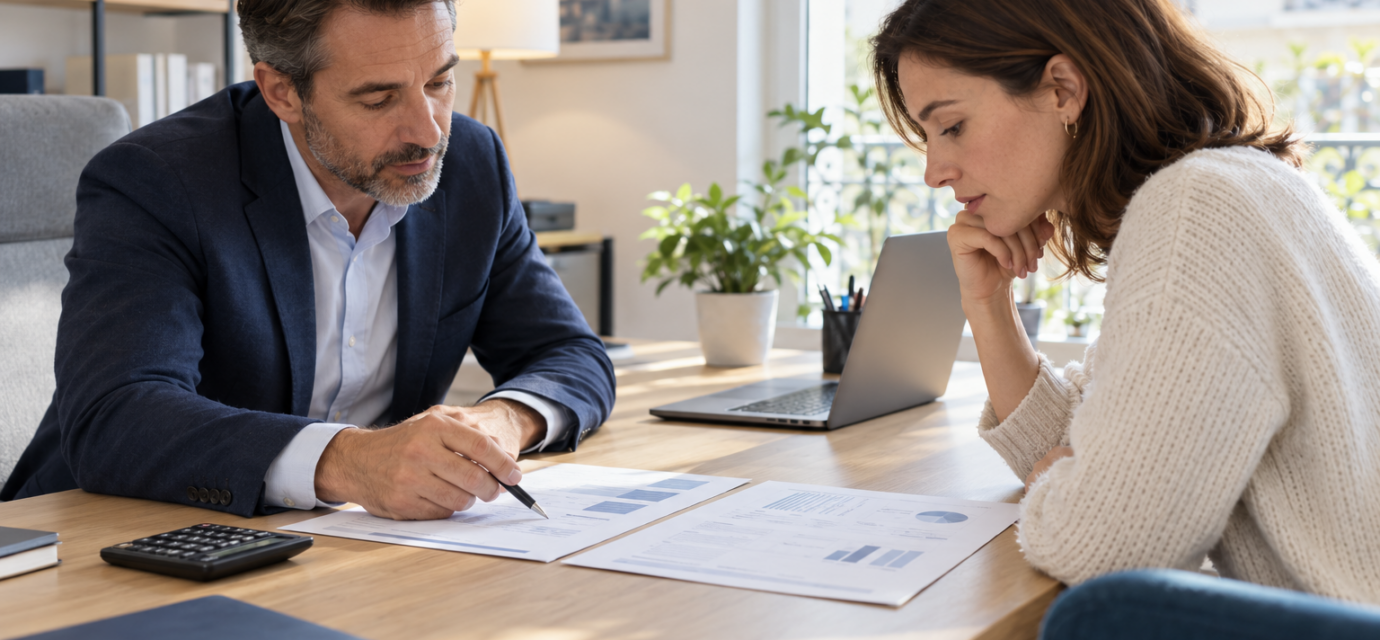 Un courtier compare deux propositions de prêt immobilier avec une emprunteuse.