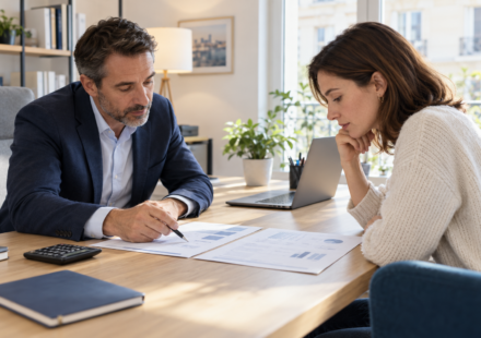 Un courtier compare deux propositions de prêt immobilier avec une emprunteuse.