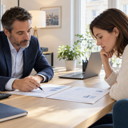 Courtier immobilier : quels services justifient ses honoraires ? Un courtier compare deux propositions de prêt immobilier avec une emprunteuse.