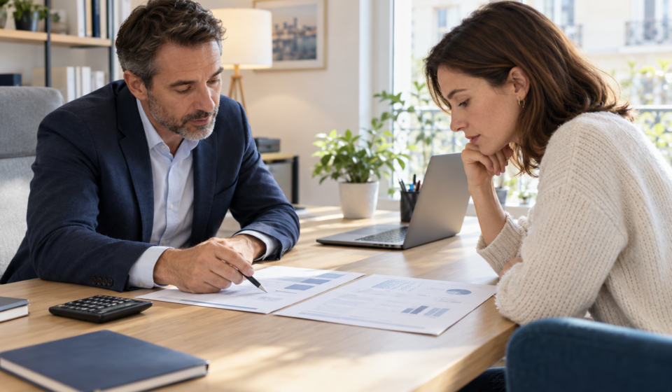 Un courtier compare deux propositions de prêt immobilier avec une emprunteuse.