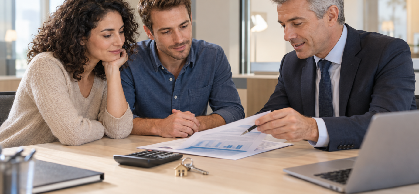 Couple qui examine une simulation de crédit immobilier avec un conseiller bancaire