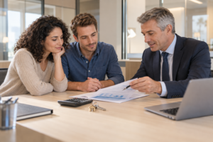 Couple qui examine une simulation de crédit immobilier avec un conseiller bancaire