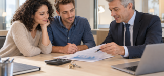 Couple qui examine une simulation de crédit immobilier avec un conseiller bancaire