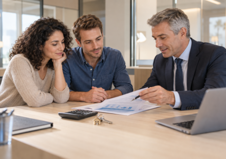 Couple qui examine une simulation de crédit immobilier avec un conseiller bancaire