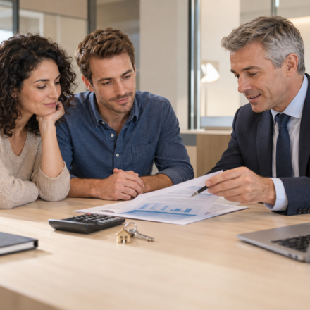 Crédit immobilier en octobre 2026, que montrent les barèmes à l’entrée du mois ? Couple qui examine une simulation de crédit immobilier avec un conseiller bancaire
