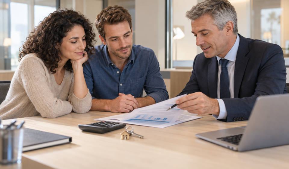 Couple qui examine une simulation de crédit immobilier avec un conseiller bancaire