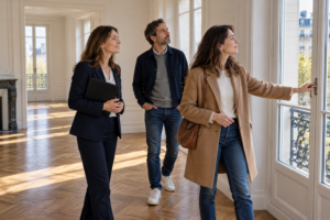 Une acheteuse vérifie une fenêtre pendant la visite d’un appartement avec son compagnon et une agente immobilière.
