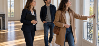 Une acheteuse vérifie une fenêtre pendant la visite d’un appartement avec son compagnon et une agente immobilière.