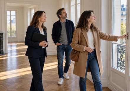 Une acheteuse vérifie une fenêtre pendant la visite d’un appartement avec son compagnon et une agente immobilière.