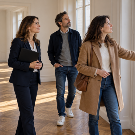Achat immobilier : que faut-il vérifier avant de recevoir les clés ? Une acheteuse vérifie une fenêtre pendant la visite d’un appartement avec son compagnon et une agente immobilière.