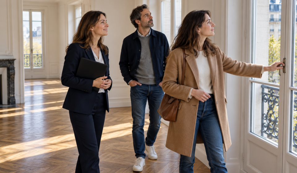 Achat immobilier : que faut-il vérifier avant de recevoir les clés ? Une acheteuse vérifie une fenêtre pendant la visite d’un appartement avec son compagnon et une agente immobilière.