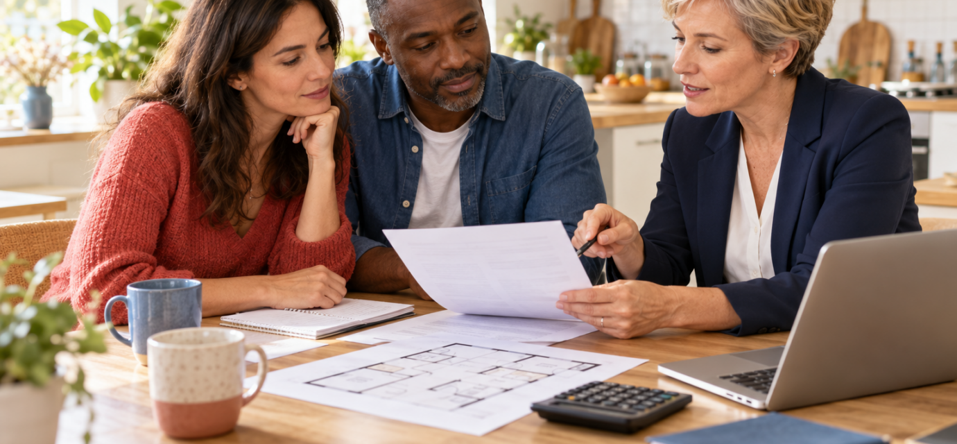 Comment financer son projet immobilier sans fragiliser son budget ? Un couple examine son budget immobilier avec une conseillère, autour de documents et d’un plan de logement