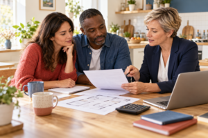 Un couple examine son budget immobilier avec une conseillère, autour de documents et d’un plan de logement