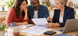 Comment financer son projet immobilier sans fragiliser son budget ? Un couple examine son budget immobilier avec une conseillère, autour de documents et d’un plan de logement