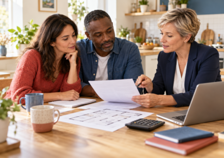 Comment financer son projet immobilier sans fragiliser son budget ? Un couple examine son budget immobilier avec une conseillère, autour de documents et d’un plan de logement