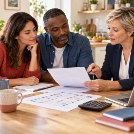 Un couple examine son budget immobilier avec une conseillère, autour de documents et d’un plan de logement
