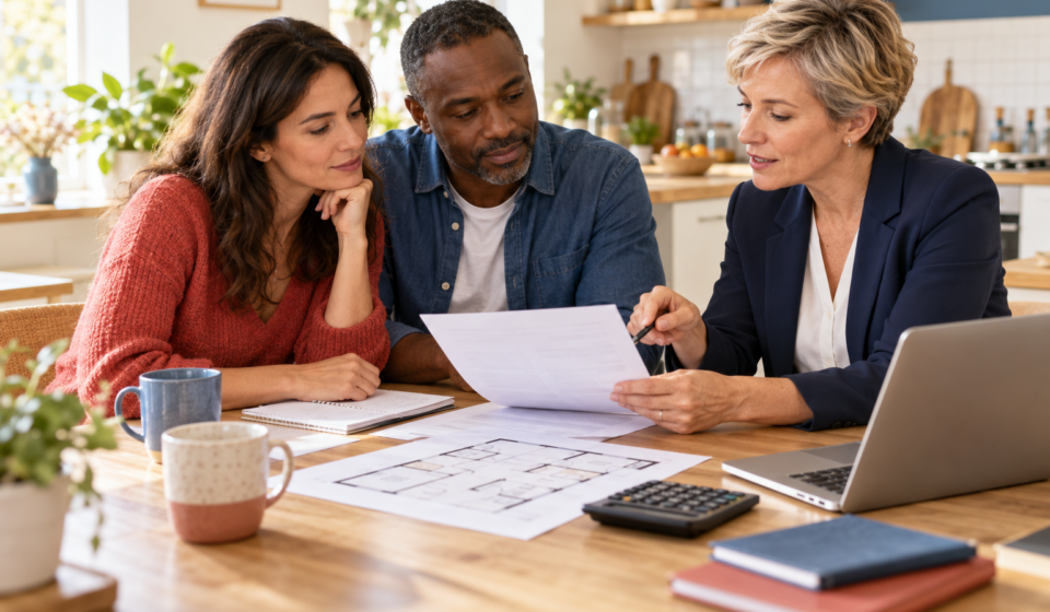 Un couple examine son budget immobilier avec une conseillère, autour de documents et d’un plan de logement