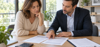 Une propriétaire et un gestionnaire immobilier examinent des documents tarifaires à côté d’une calculatrice et de clés.