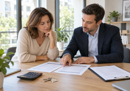 Une propriétaire et un gestionnaire immobilier examinent des documents tarifaires à côté d’une calculatrice et de clés.