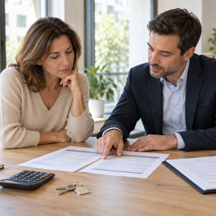 Gestion locative déléguée : comment comparer les frais derrière les taux annoncés ? Une propriétaire et un gestionnaire immobilier examinent des documents tarifaires à côté d’une calculatrice et de clés.