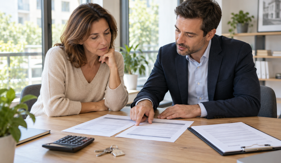 Gestion locative déléguée : comment comparer les frais derrière les taux annoncés ? Une propriétaire et un gestionnaire immobilier examinent des documents tarifaires à côté d’une calculatrice et de clés.