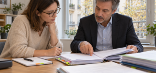 Une acquéreuse et un conseiller immobilier examinent des documents de copropriété.