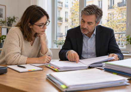 Une acquéreuse et un conseiller immobilier examinent des documents de copropriété.