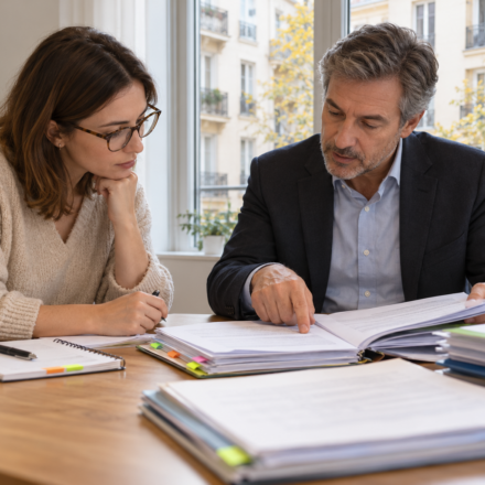 Procès-verbaux de copropriété : quelles phrases doivent déclencher une question ? Une acquéreuse et un conseiller immobilier examinent des documents de copropriété.