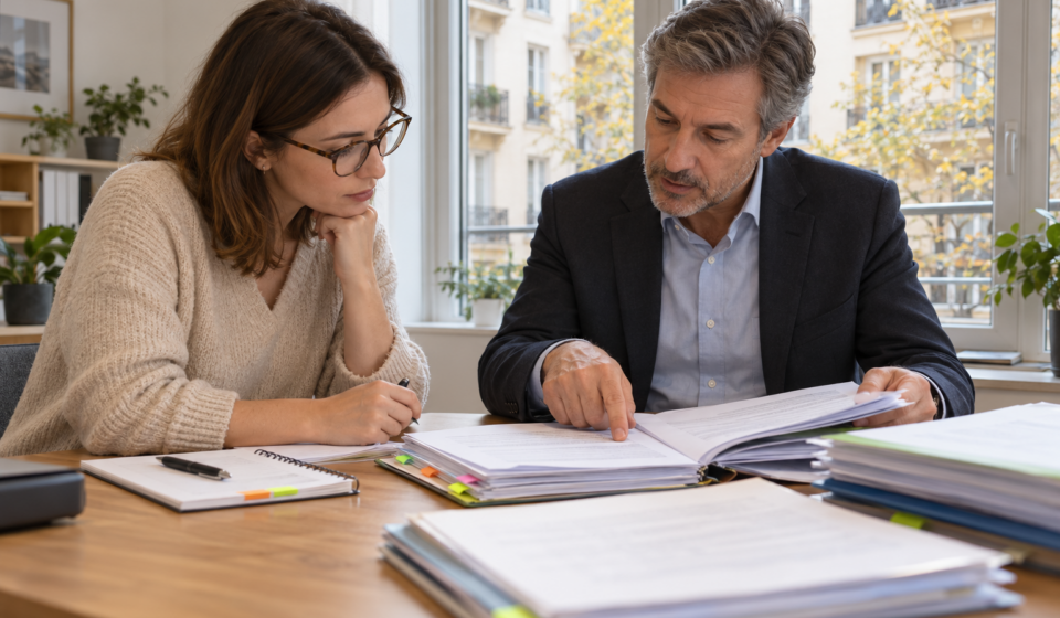 Procès-verbaux de copropriété : quelles phrases doivent déclencher une question ? Une acquéreuse et un conseiller immobilier examinent des documents de copropriété.
