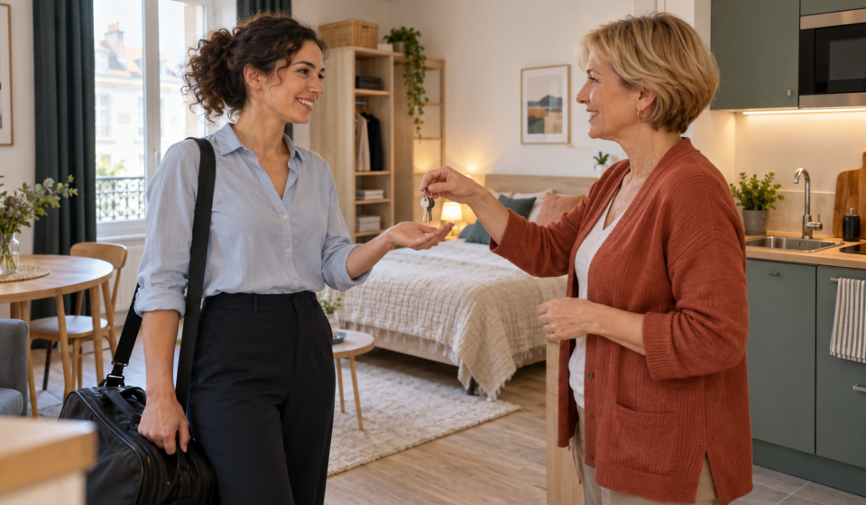 Une femme avec un sac de voyage reçoit les clés d’un studio meublé auprès d’une gestionnaire.