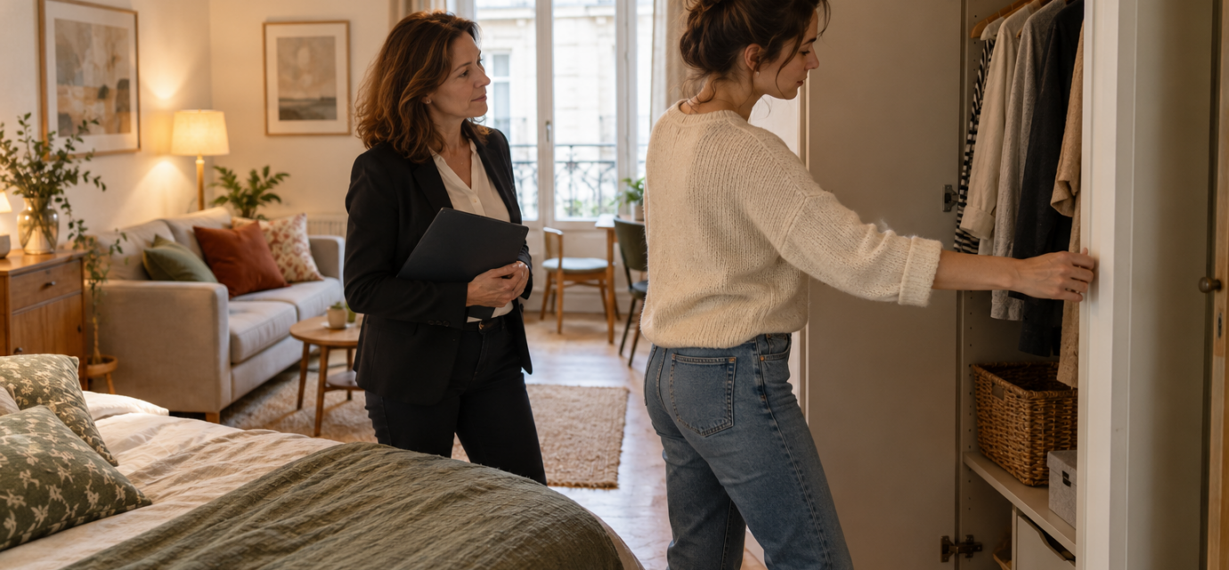 Location meublée très décorée : que vérifier derrière les photos séduisantes ? Une femme ouvre une armoire dans un appartement meublé en présence d’une agente immobilière.