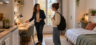 Logement étudiant : vacant depuis septembre, que faut-il changer avant de baisser le loyer ? Une propriétaire présente un studio meublé avec bureau à une étudiante pendant une visite.