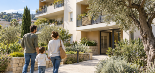 Une famille marche vers une résidence contemporaine entourée de végétation méditerranéenne.