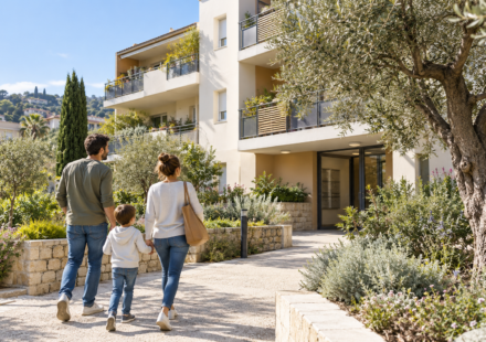Immobilier Cagnes-sur-Mer : que change le soutien de la Ville à 77 logements sociaux supplémentaires ? Une famille marche vers une résidence contemporaine entourée de végétation méditerranéenne.