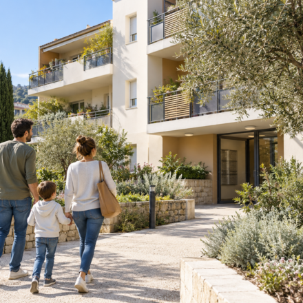 Immobilier Cagnes-sur-Mer : que change le soutien de la Ville à 77 logements sociaux supplémentaires ? Une famille marche vers une résidence contemporaine entourée de végétation méditerranéenne.