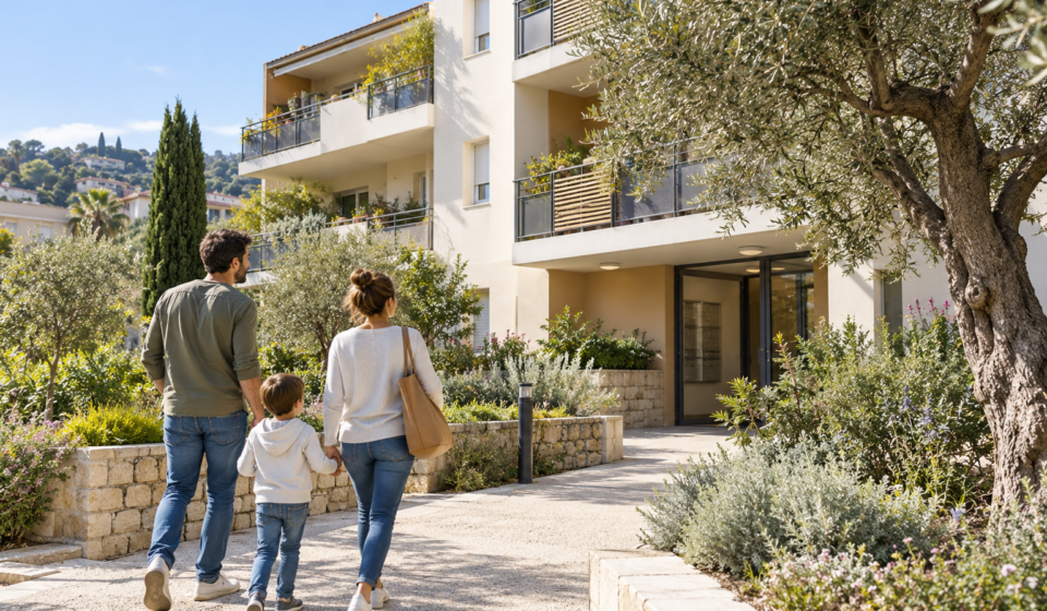 Immobilier Cagnes-sur-Mer : que change le soutien de la Ville à 77 logements sociaux supplémentaires ? Une famille marche vers une résidence contemporaine entourée de végétation méditerranéenne.