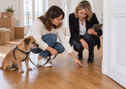 Une locataire et une agente examinent le parquet pendant qu’un petit chien reste calmement à proximité.