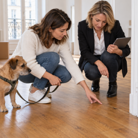 Louer avec un animal : quels points clarifier lors de l’état des lieux ? Une locataire et une agente examinent le parquet pendant qu’un petit chien reste calmement à proximité.